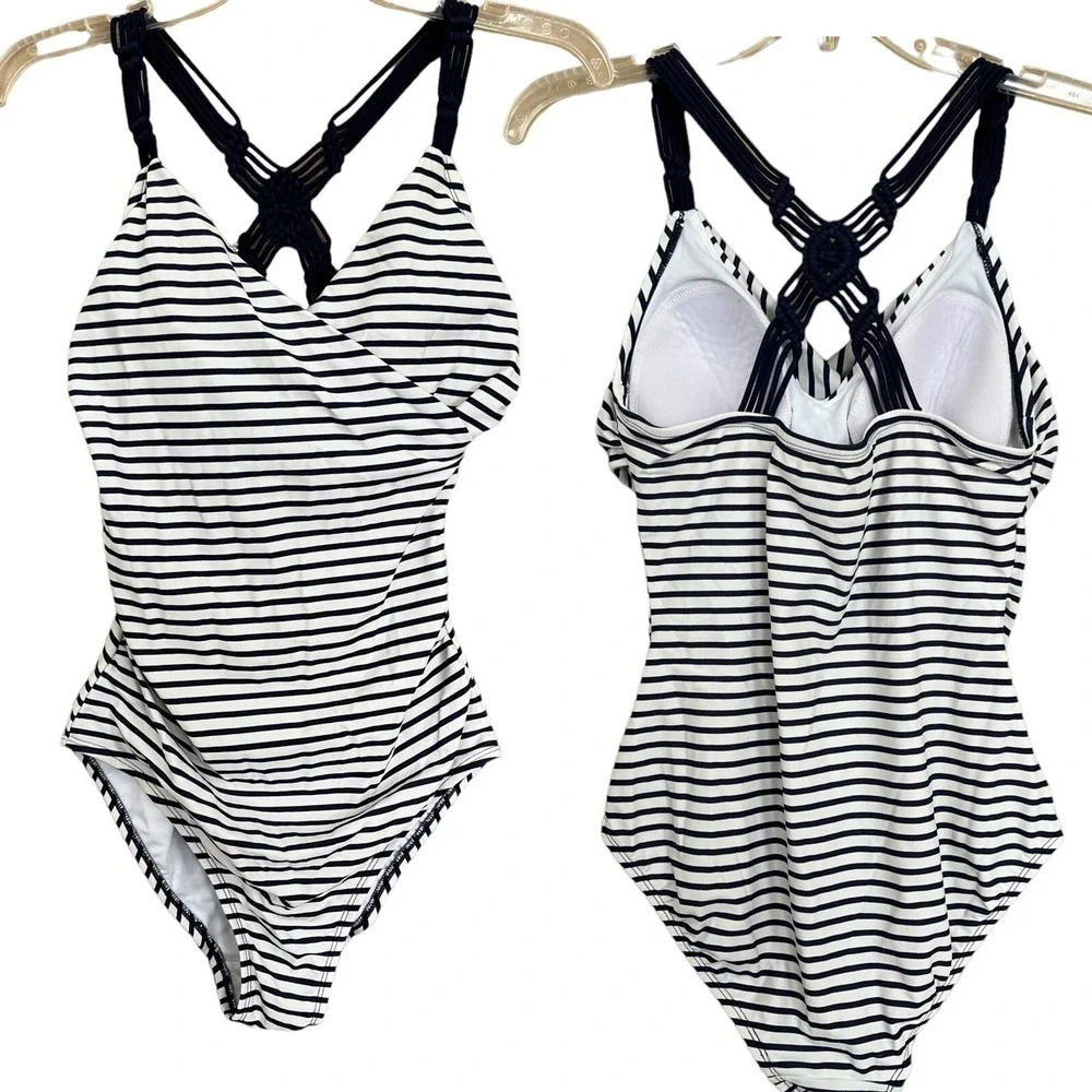 Kona Sol Bathing Suit Womens Medium Blue White Stripe 1 Pc Macrame Pool Vacation